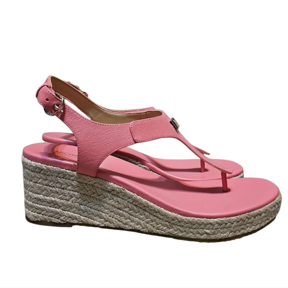 NWOT Michael Kors Laney Espadrille Pink Leather Wedge Sandals - Picture 4 of 11